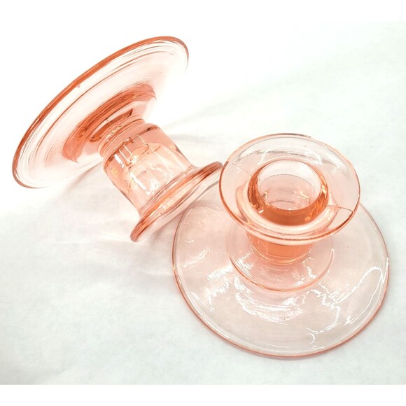 VTG PAIR PINK DEPRESSION GLASS CANDLESTICKS HOLDERS Shabby Chic Farmhouse Decor - Picture 3 of 10